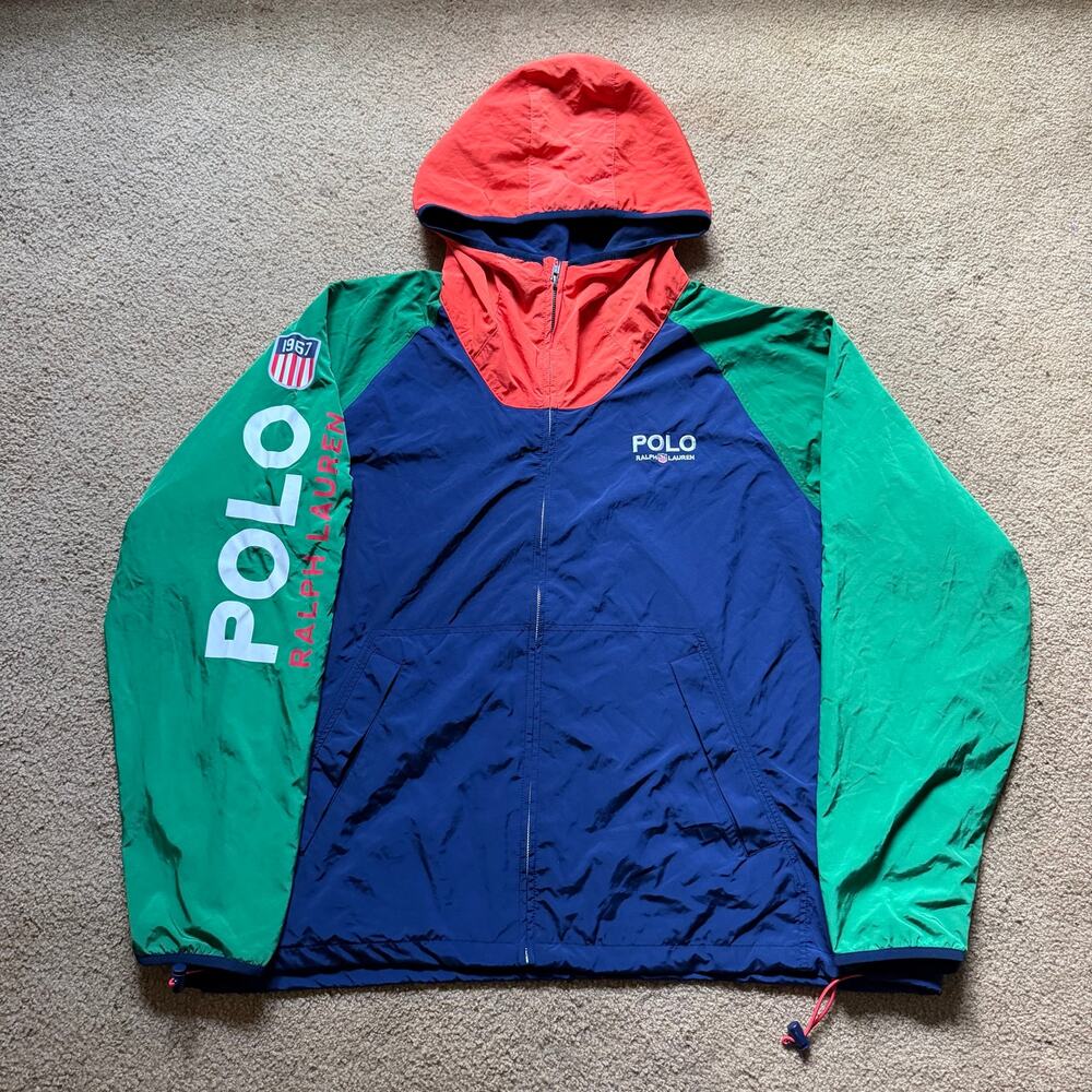 Polo Ralph Lauren Colorblock Hooded Windbreaker Jacket Mens XL Spellout Logo